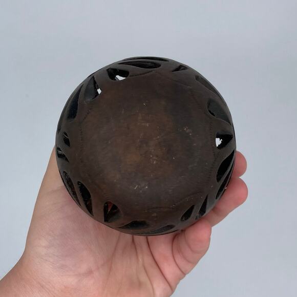 Hand engraved open work floral ceramic vase dark brown	small 3.5" - Picture 8 of 11